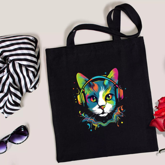 Vibrant-Feline-Headphones-Tote-Bag